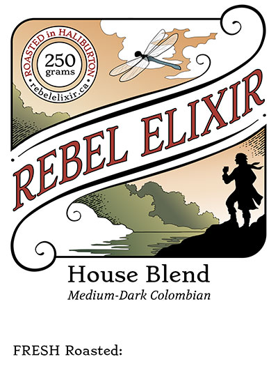 Rebel Elixir House Blend coffee label